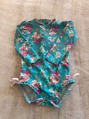 Ruffle Butts Turquoise Floral Long Sleeve One Piece Swimsuit